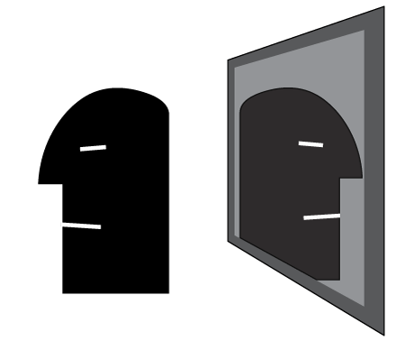 Figure with back turned to a mirror